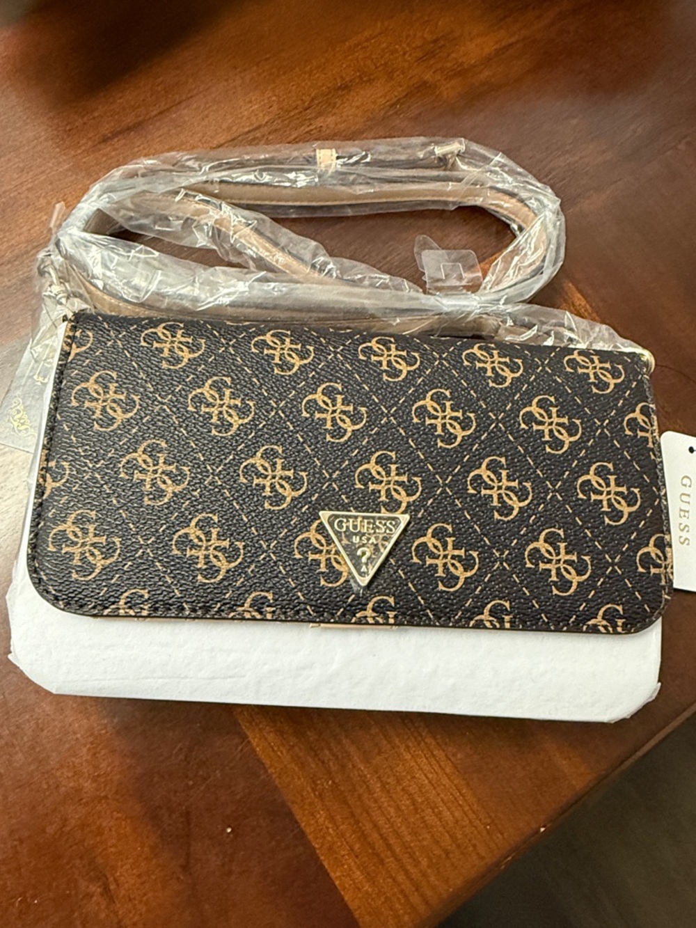 GUESS Brown Monogram Crossbody with Gold Logo Plaque